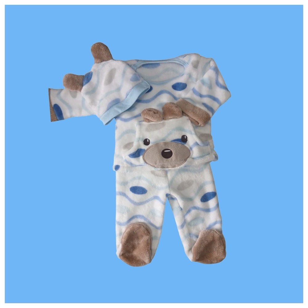 Blue White Bear Fleece 3 Piece Outfit Set Top Footed Pants Beanie Hat Kids